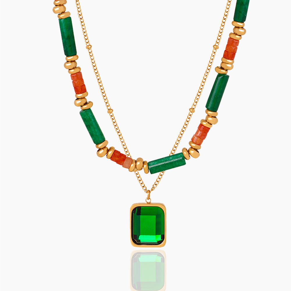 BAMBOO DOUBLE LAYER CHAIN SQUARE PENDANT NECKLACE