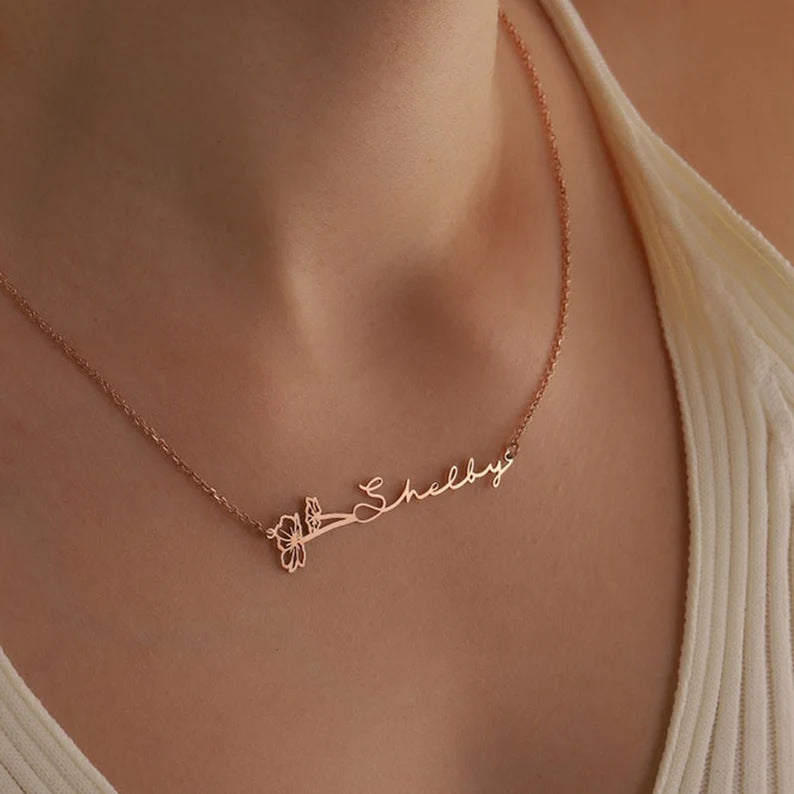BIRTH FLOWER HORIZONTAL NAME NECKLACE