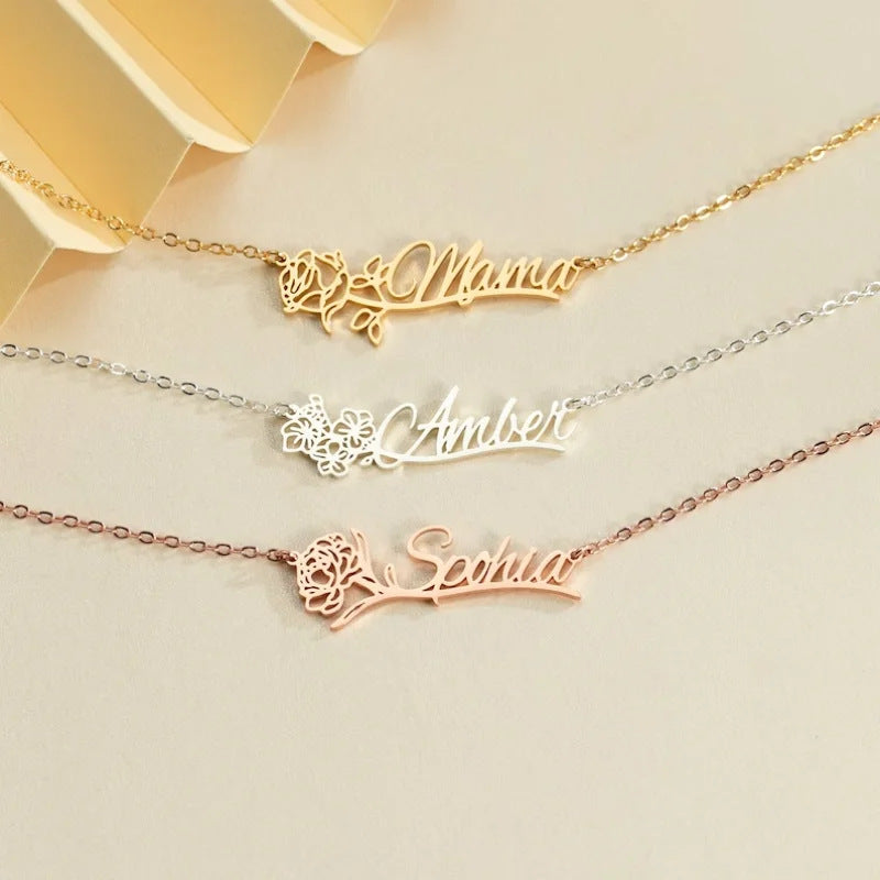 BIRTH FLOWER HORIZONTAL NAME NECKLACE