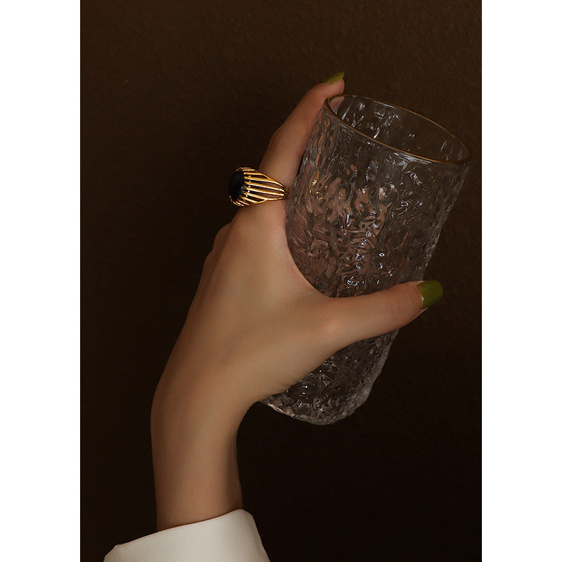 BLACK CAT EYE STONE HOLLOW RING