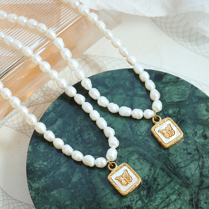 BUTTERFLY SQUARE WHITE SEA SHELL PEARL NECKLACE