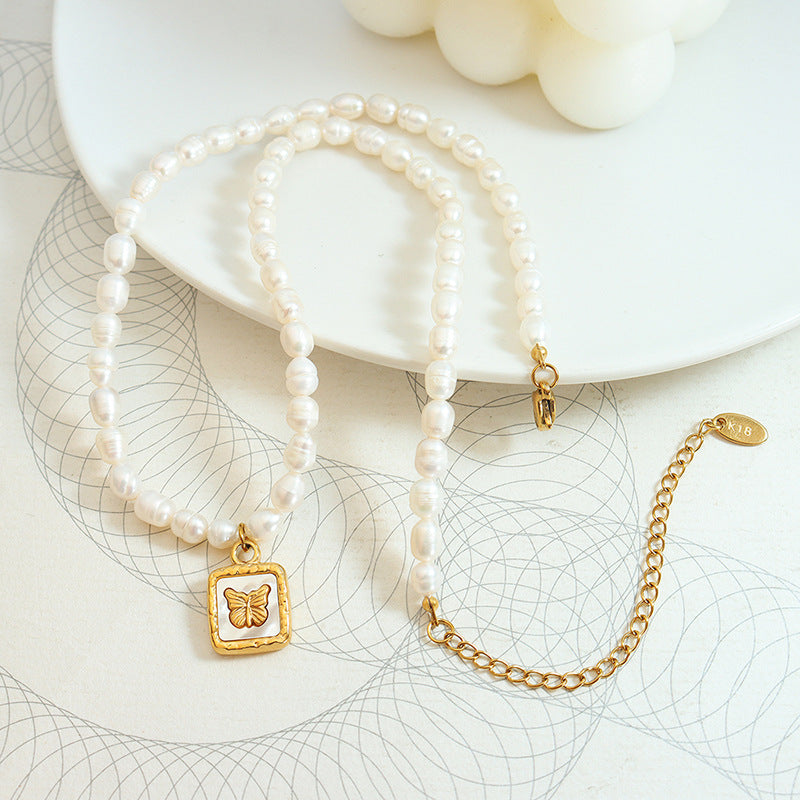 BUTTERFLY SQUARE WHITE SEA SHELL PEARL NECKLACE