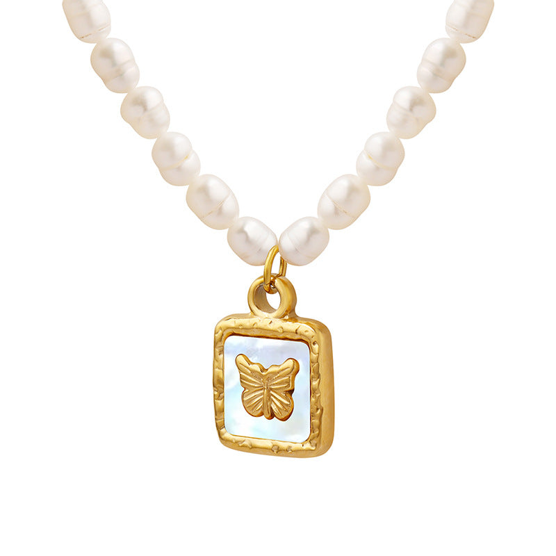 BUTTERFLY SQUARE WHITE SEA SHELL PEARL NECKLACE