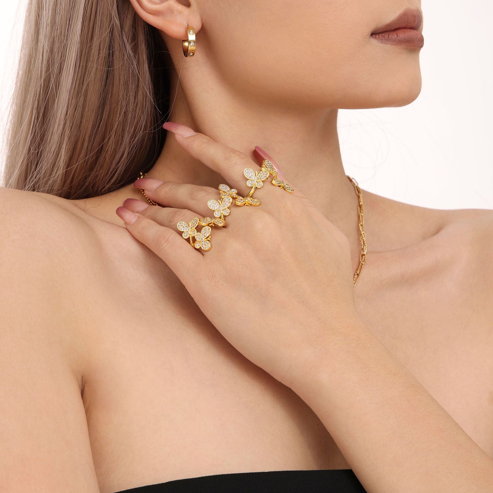 Butterfly Flower Sparkling Stone Open Ring