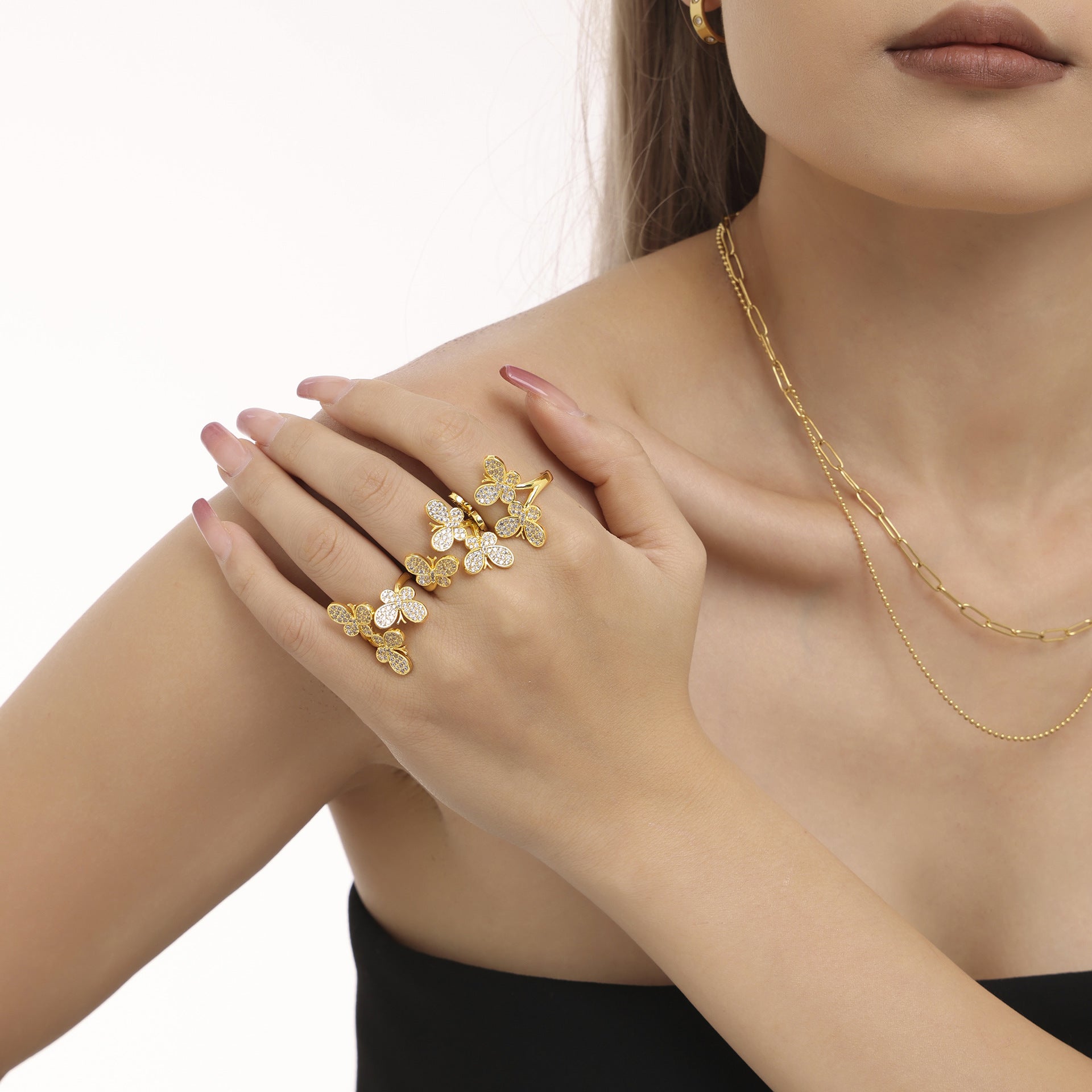 Butterfly Flower Sparkling Stone Open Ring