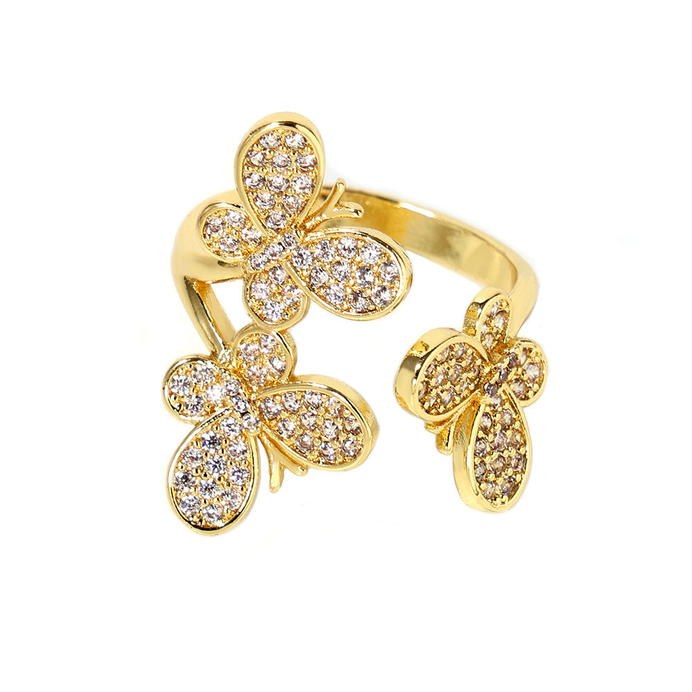 Butterfly Flower Sparkling Stone Open Ring