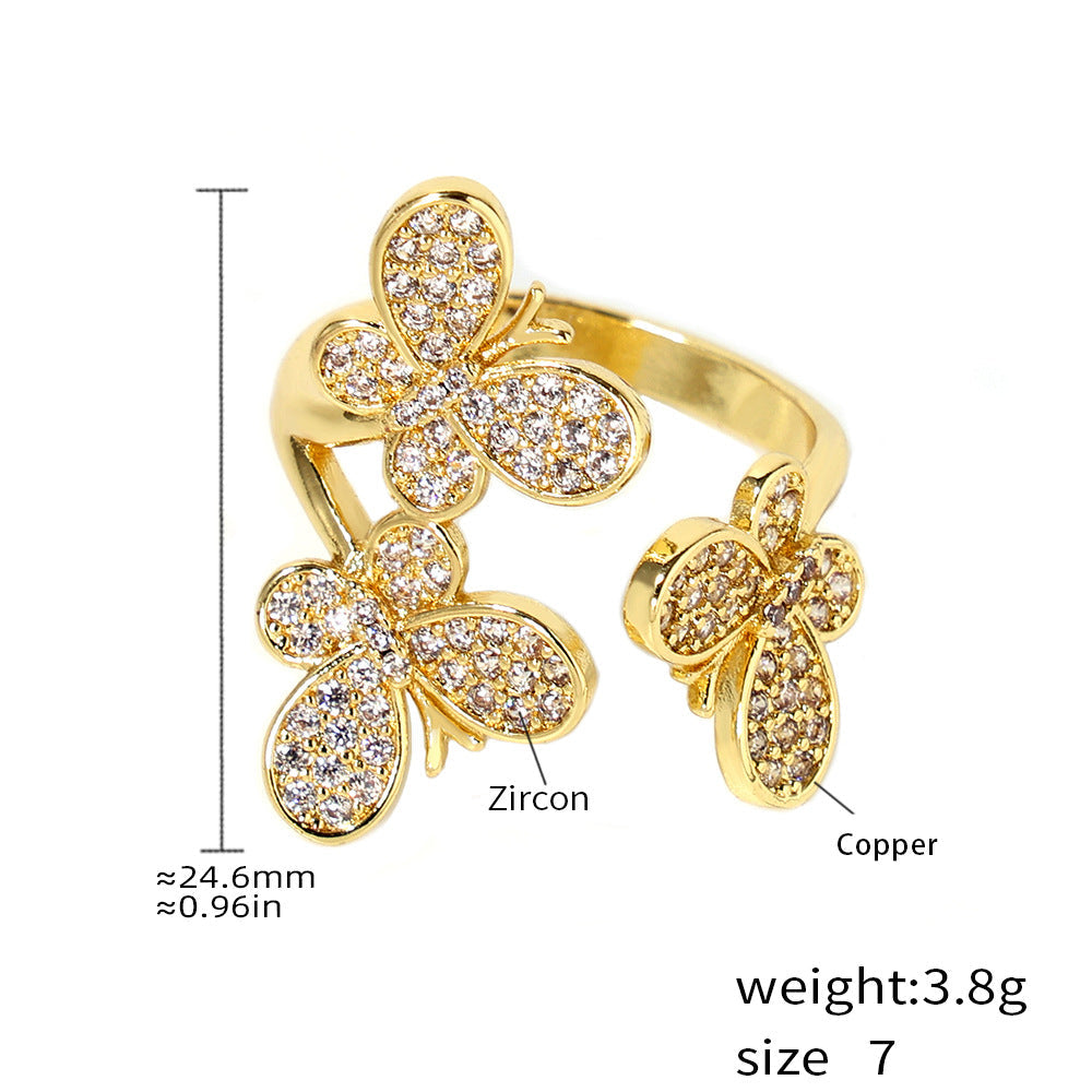 Butterfly Flower Sparkling Stone Open Ring
