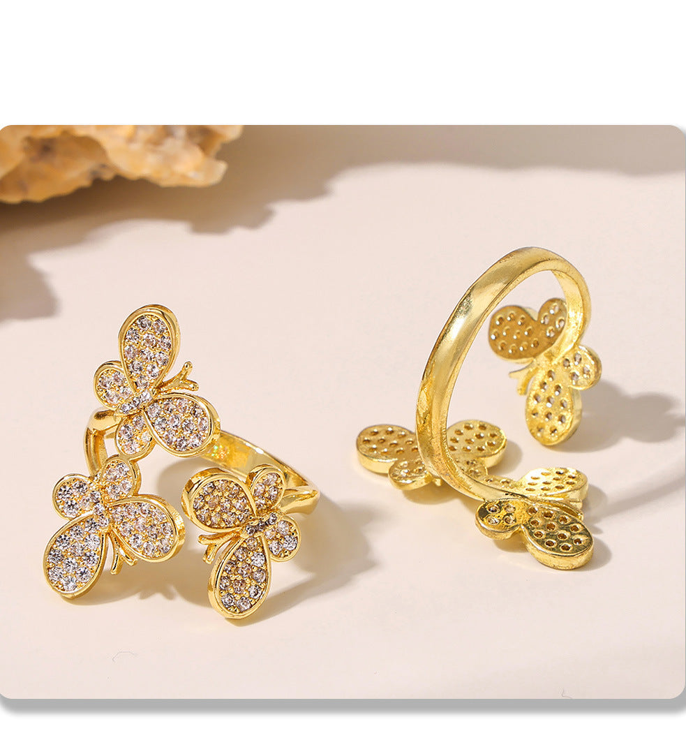 Butterfly Flower Sparkling Stone Open Ring