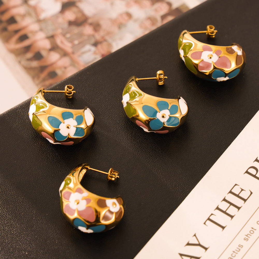 COLORED FLOWER OIL DRIPPING EARRINGS