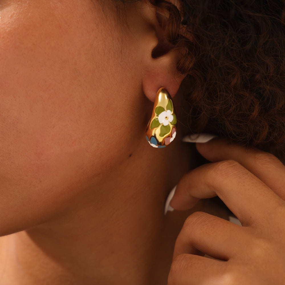 COLORED FLOWER OIL DRIPPING EARRINGS