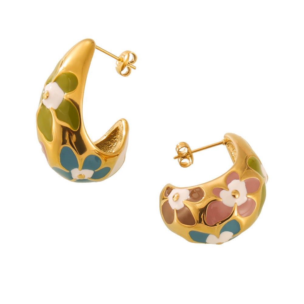 COLORED FLOWER OIL DRIPPING EARRINGS