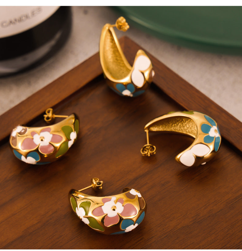 COLORED FLOWER OIL DRIPPING EARRINGS