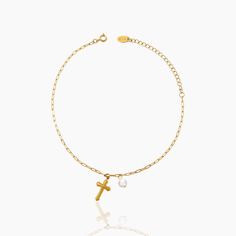 CROSS IMITATION PEARL ANKLET