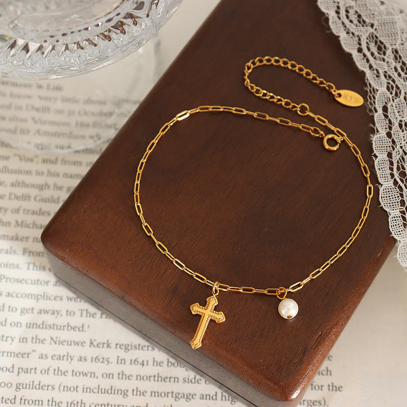 CROSS IMITATION PEARL ANKLET