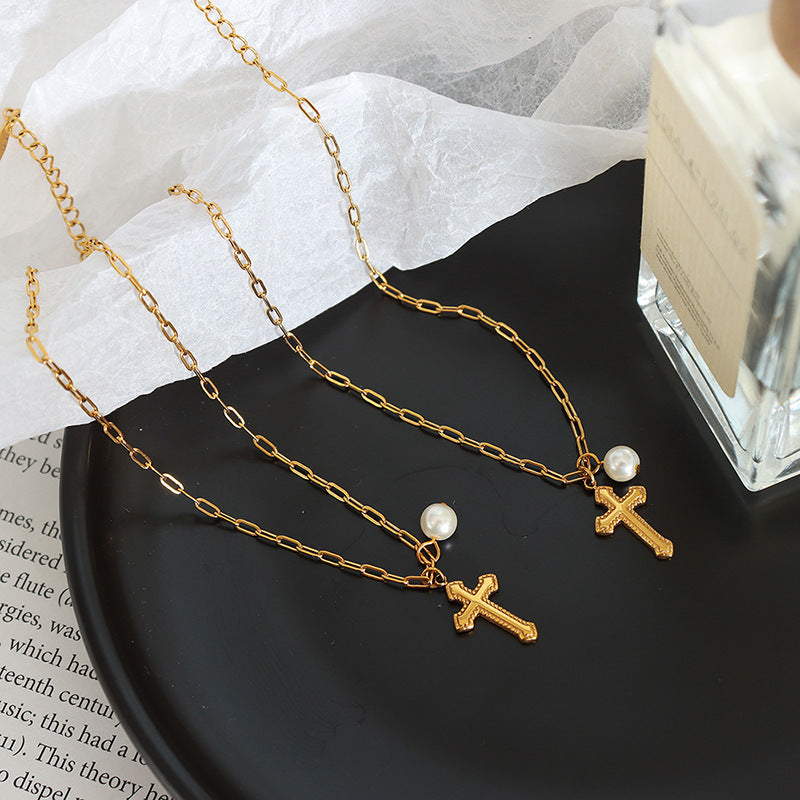 CROSS IMITATION PEARL ANKLET