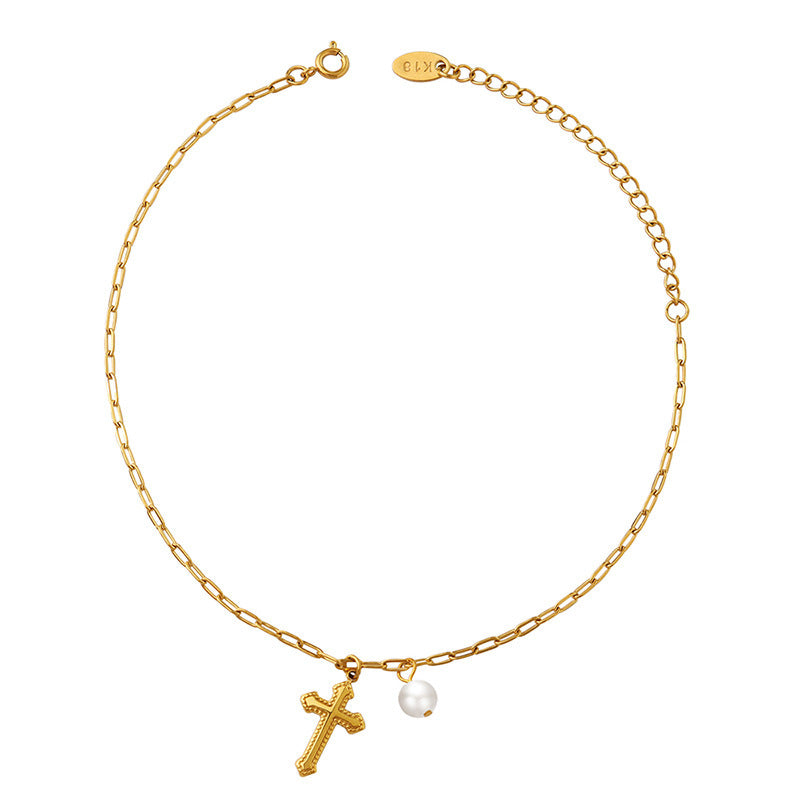 CROSS IMITATION PEARL ANKLET
