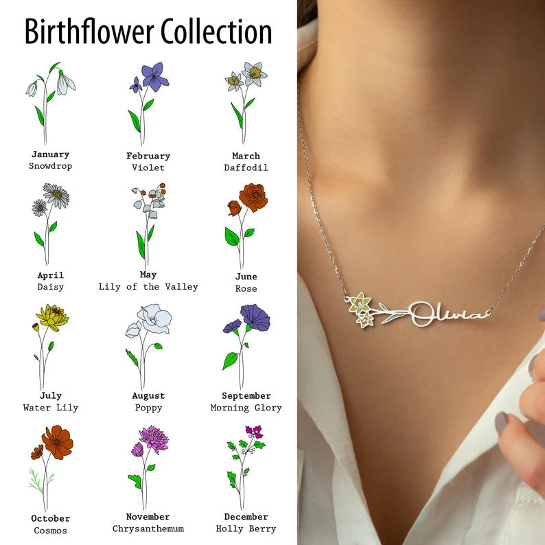 Custom oil drop color December birthday flower name personalized pendant necklace