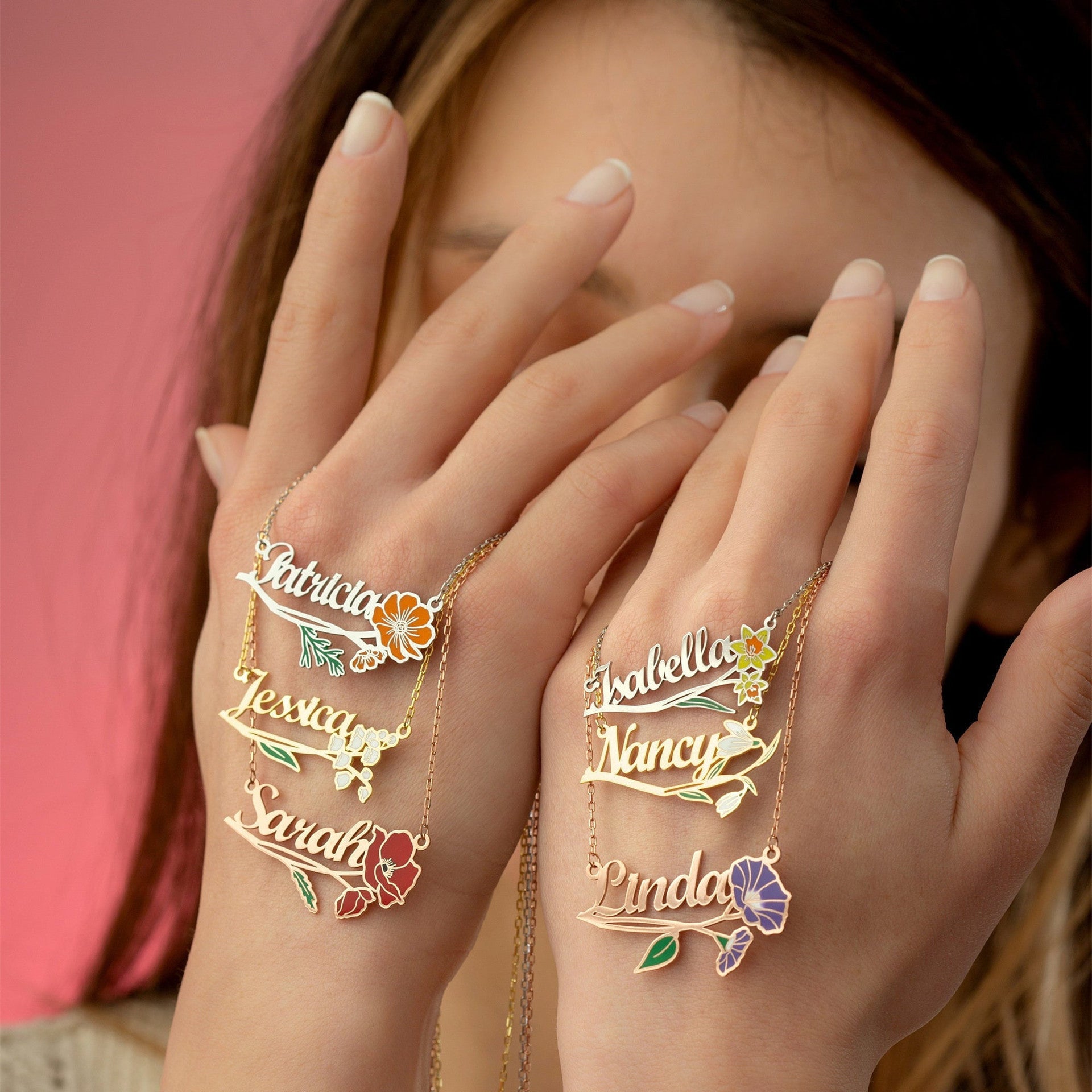 Custom oil drop color December birthday flower name personalized pendant necklace