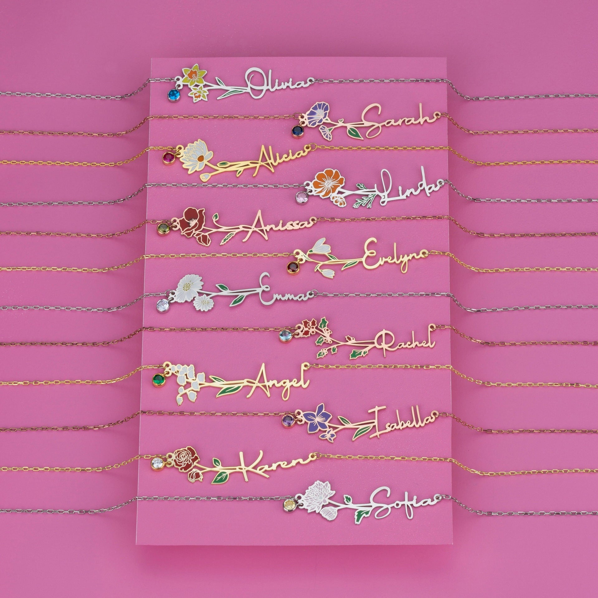 Custom oil drop color December birthday flower name personalized pendant necklace