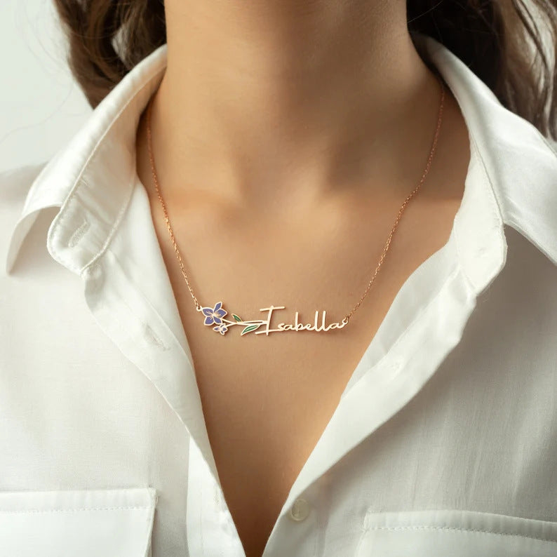 Custom oil drop color December birthday flower name personalized pendant necklace