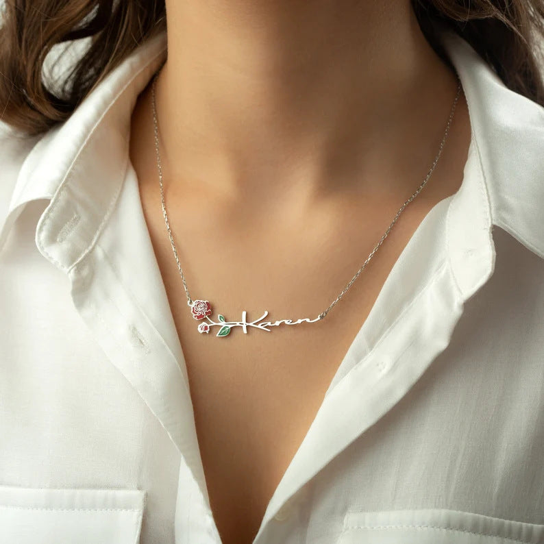 Custom oil drop color December birthday flower name personalized pendant necklace