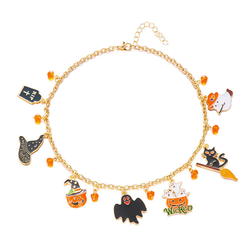 Cute Halloween Charm Choker Necklace - Gold Chain with Ghost Pumpkin Witch Hat Pendants for Festive Style