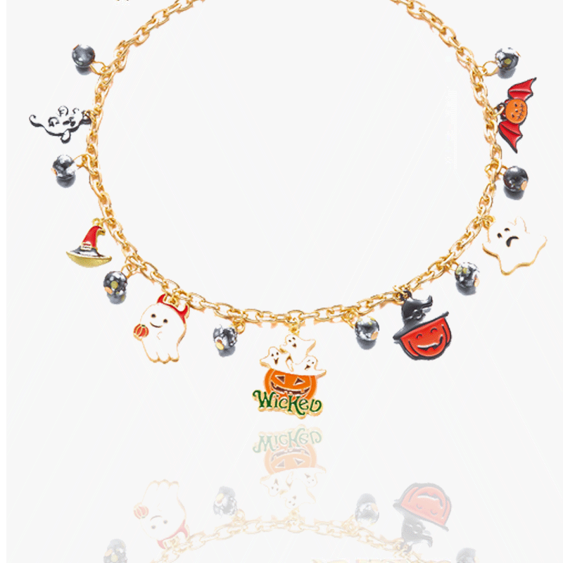 Cute Halloween Charm Choker Necklace - Gold Chain with Ghost Pumpkin Witch Hat Pendants for Festive Style