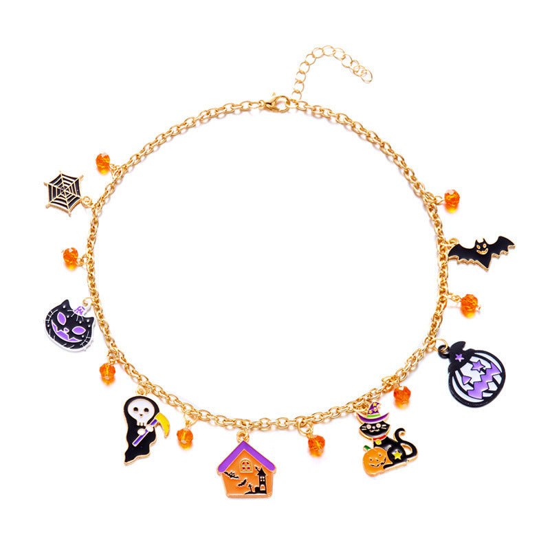 Cute Halloween Charm Choker Necklace - Gold Chain with Ghost Pumpkin Witch Hat Pendants for Festive Style