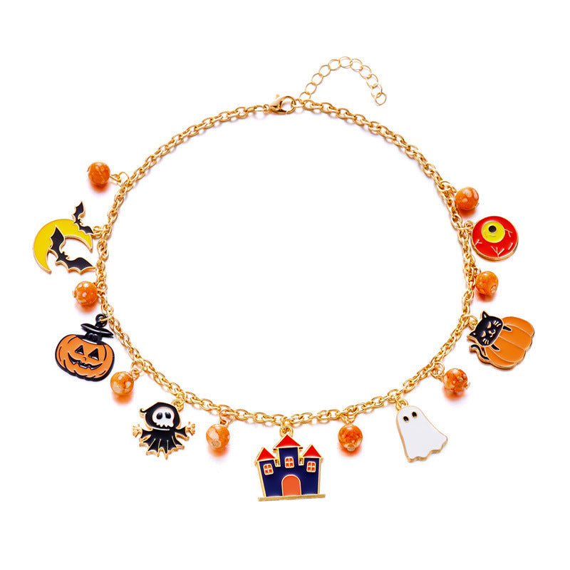Cute Halloween Charm Choker Necklace - Gold Chain with Ghost Pumpkin Witch Hat Pendants for Festive Style
