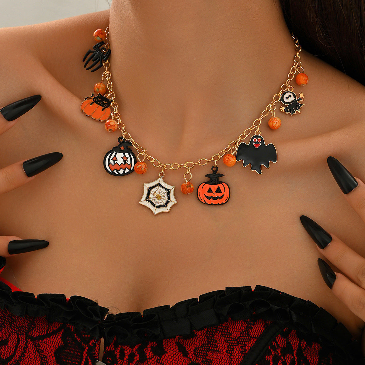 Cute Halloween Charm Choker Necklace - Gold Chain with Ghost Pumpkin Witch Hat Pendants for Festive Style