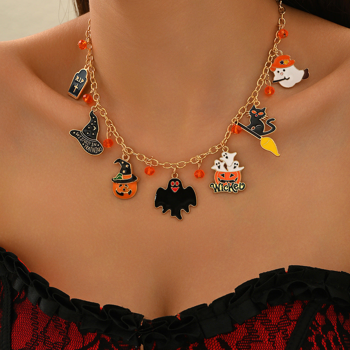 Cute Halloween Charm Choker Necklace - Gold Chain with Ghost Pumpkin Witch Hat Pendants for Festive Style