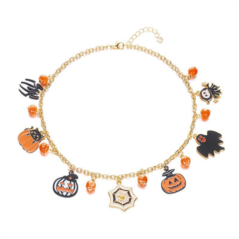 Cute Halloween Charm Choker Necklace - Gold Chain with Ghost Pumpkin Witch Hat Pendants for Festive Style