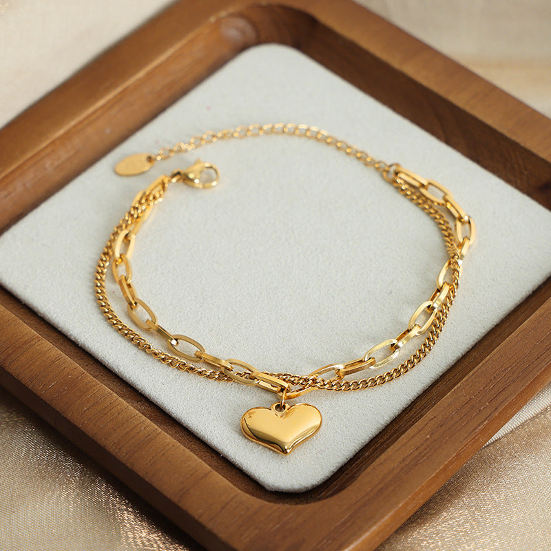 DOUBLE LAYER CHAIN LOVE PENDANT BRACELET