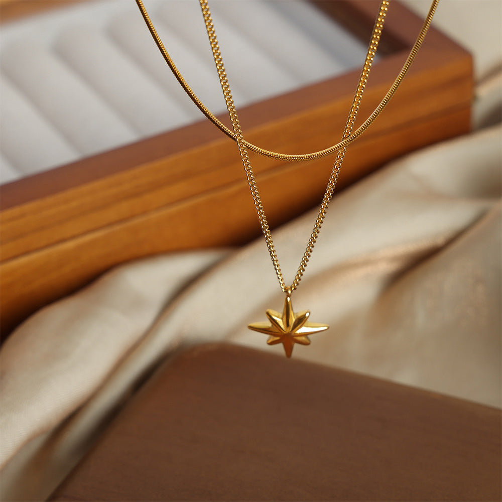 EIGHT POINTED STAR PENDANT DOUBLE LAYERED NECKLACE