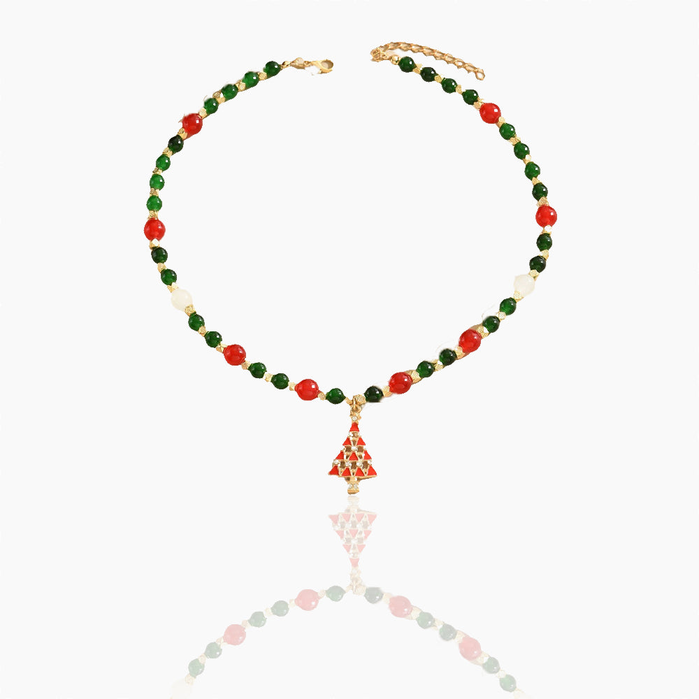 ELEGANT CHRISTMAS RED AND GREEN BEAD STUDDED DIAMOND CHRISTMAS TREE NECKLACE