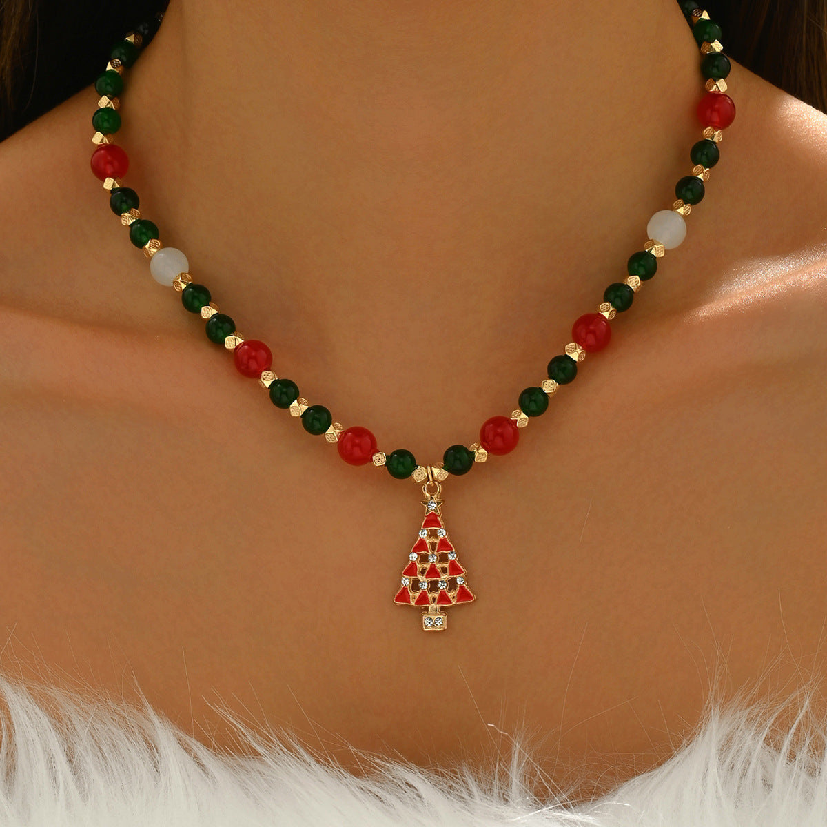 ELEGANT CHRISTMAS RED AND GREEN BEAD STUDDED DIAMOND CHRISTMAS TREE NECKLACE