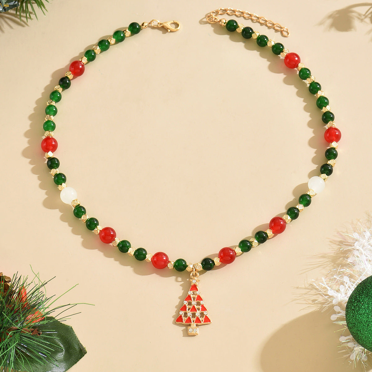 ELEGANT CHRISTMAS RED AND GREEN BEAD STUDDED DIAMOND CHRISTMAS TREE NECKLACE