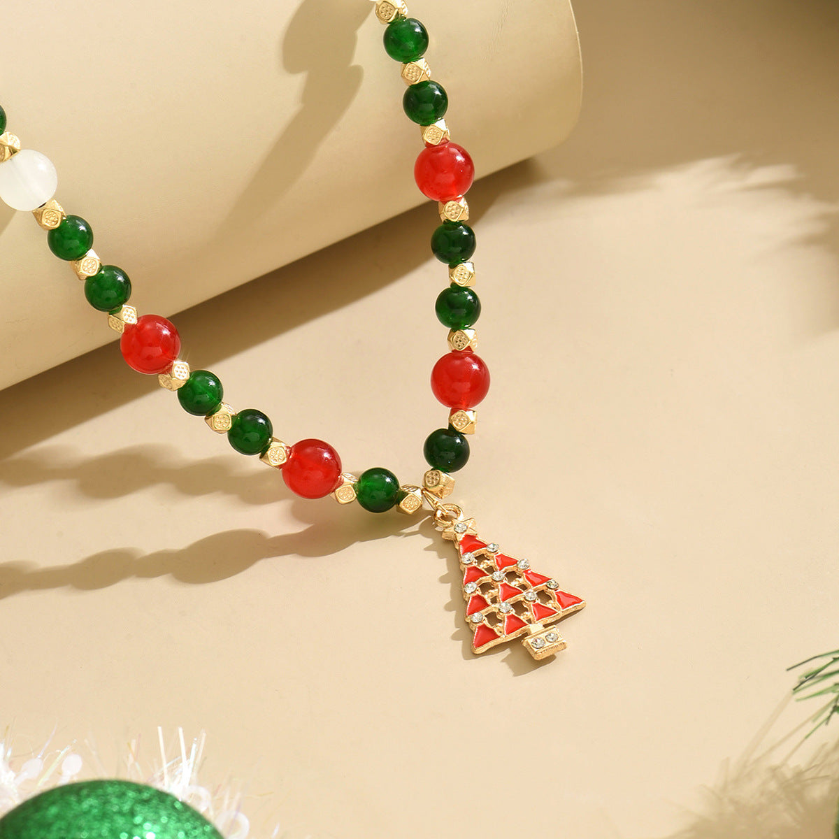 ELEGANT CHRISTMAS RED AND GREEN BEAD STUDDED DIAMOND CHRISTMAS TREE NECKLACE