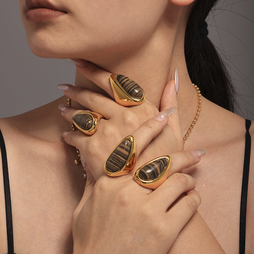 EXAGGERATED STAINLESS STEEL MATERIAL WOOD GRAIN STONE RECTANGULAR RING