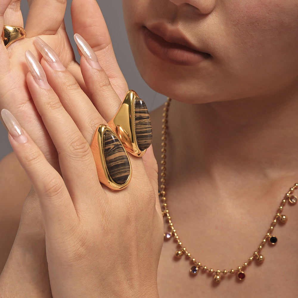 EXAGGERATED STAINLESS STEEL MATERIAL WOOD GRAIN STONE RECTANGULAR RING