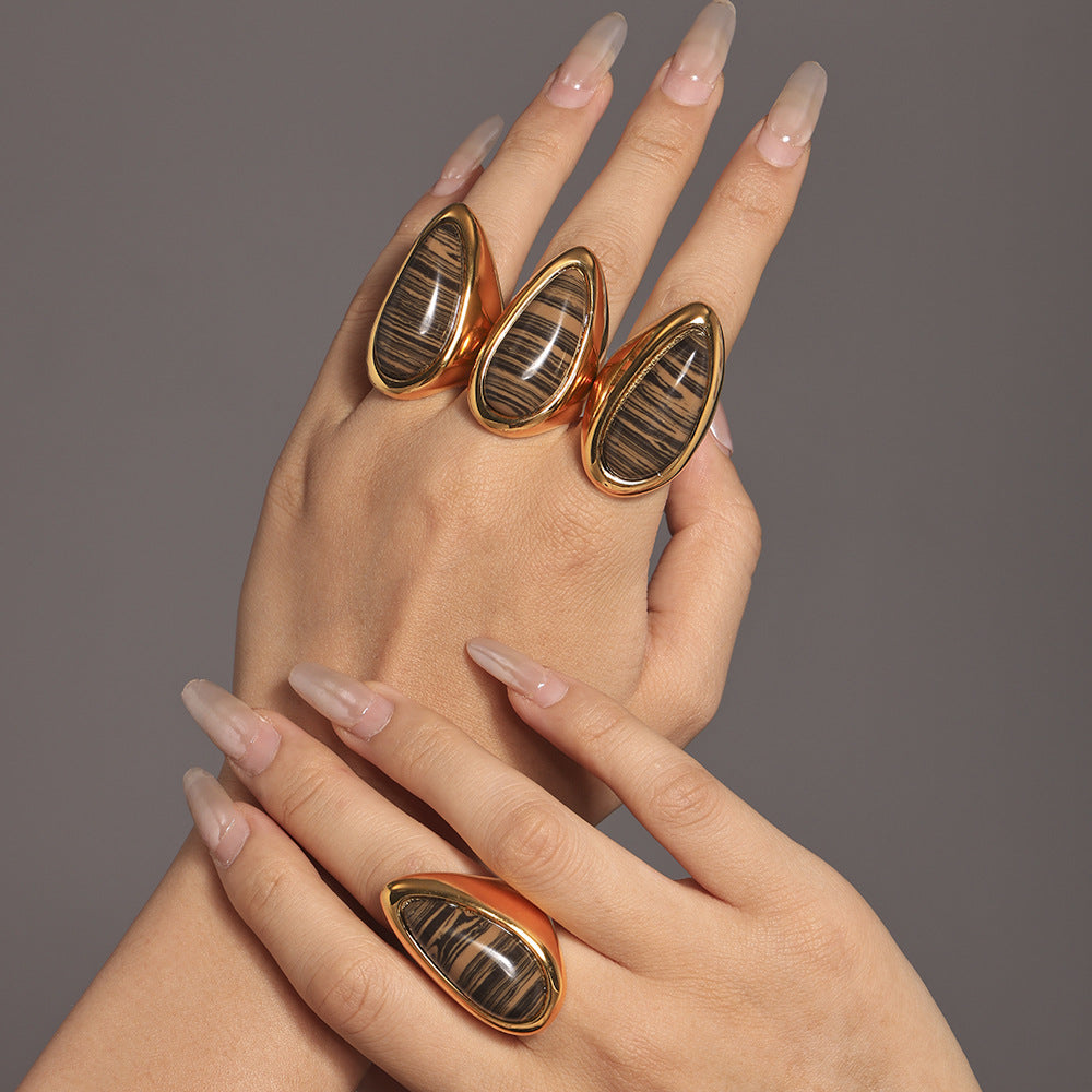 EXAGGERATED STAINLESS STEEL MATERIAL WOOD GRAIN STONE RECTANGULAR RING