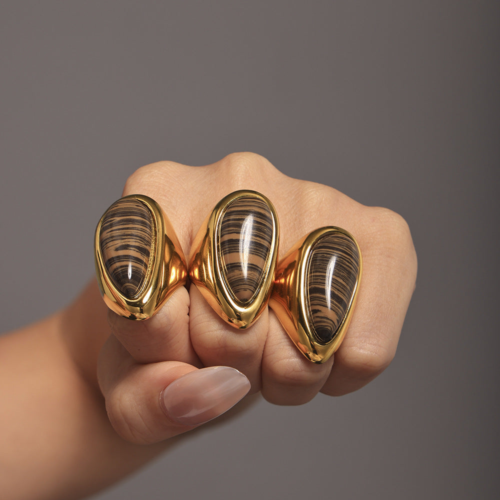 EXAGGERATED STAINLESS STEEL MATERIAL WOOD GRAIN STONE RECTANGULAR RING