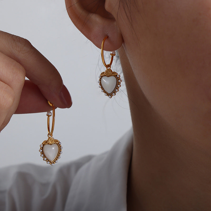 Elegant Rose Heart Pearl Earrings