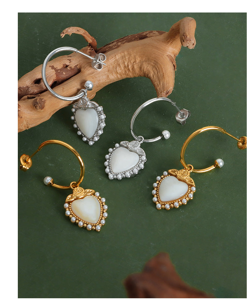 Elegant Rose Heart Pearl Earrings