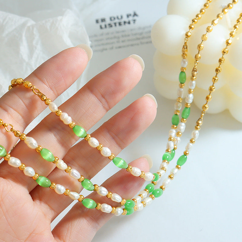 GREEN CAT EYE PEARL NECKLACE