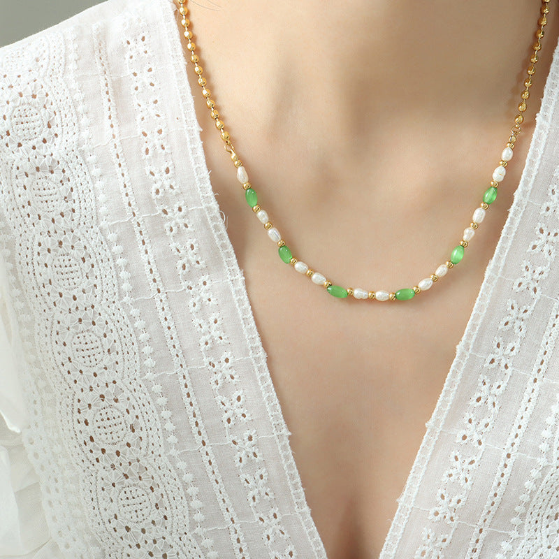 GREEN CAT EYE PEARL NECKLACE