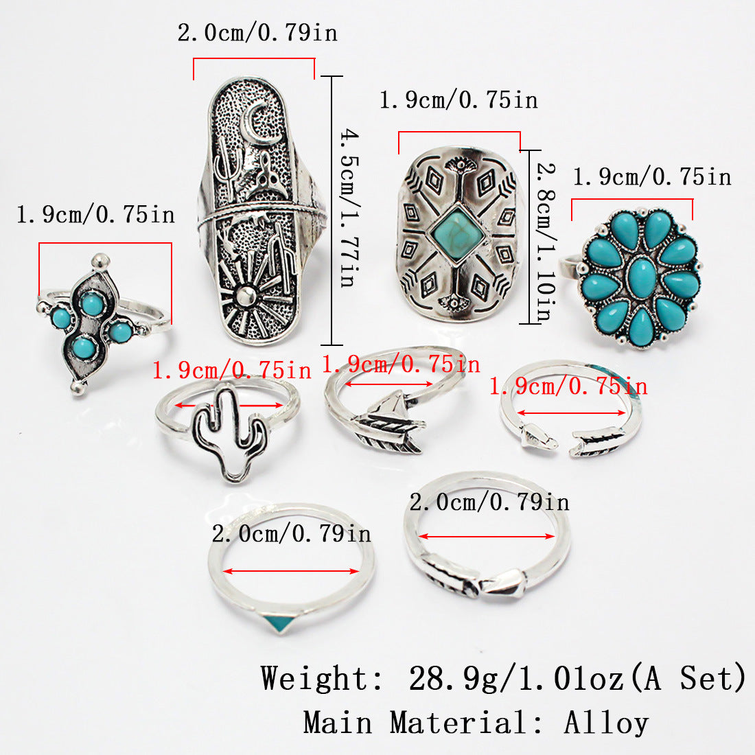 Imitation turquoise alloy ring combination
