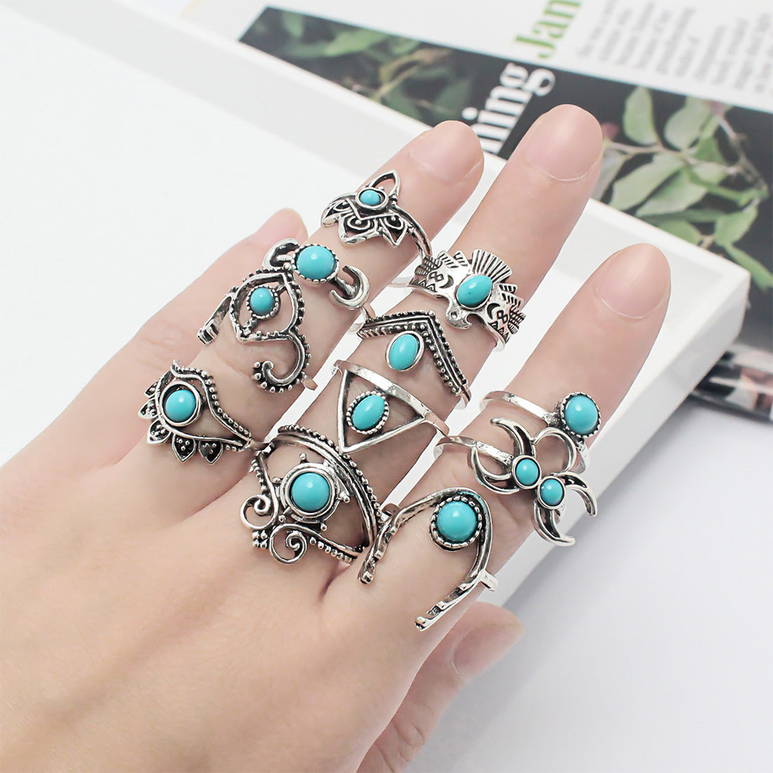 Imitation turquoise alloy ring combination