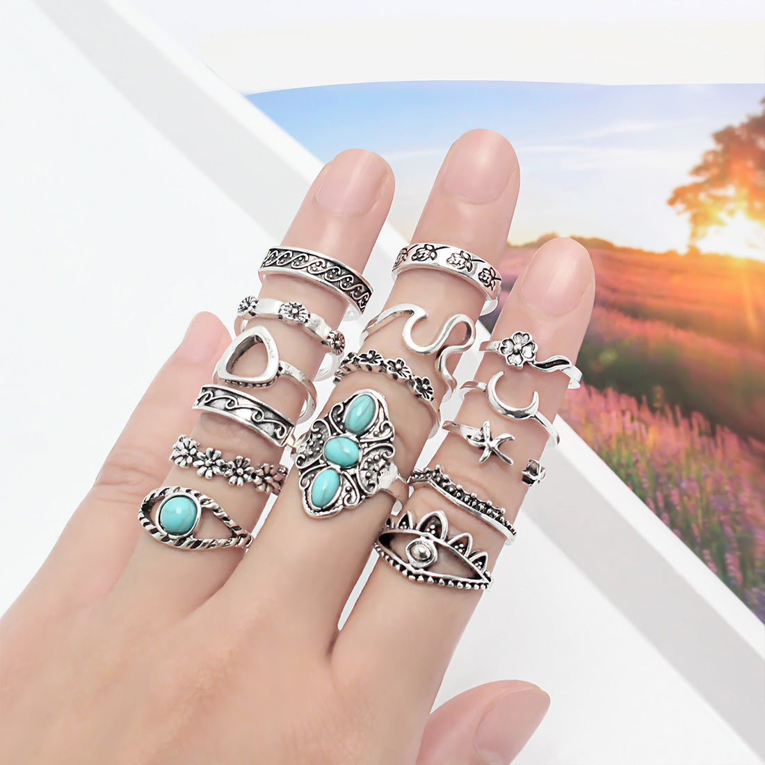 Imitation turquoise alloy ring combination
