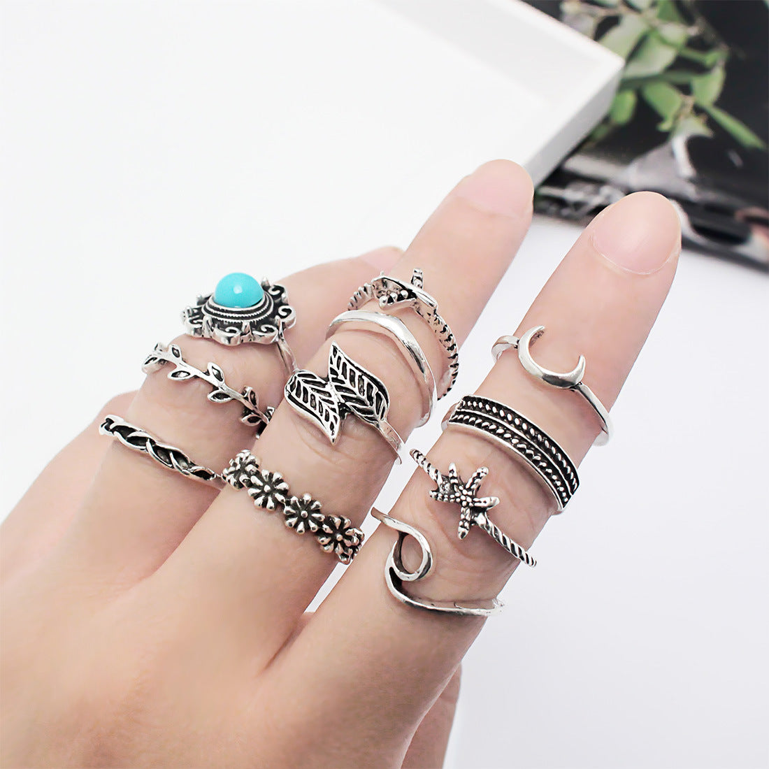 Imitation turquoise alloy ring combination